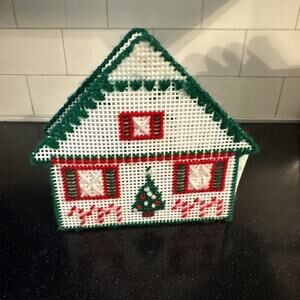 Napkin Holder Christmas House Handmade Plastic Canvas Needlepoint Knit‎